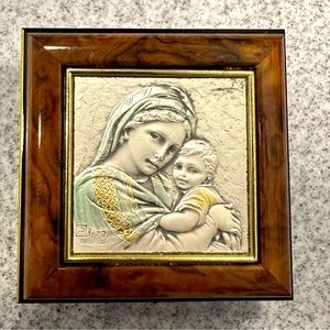 Immaculate Wood Sterling Silver Lastra Madonna & child Jesus trinket box Italy